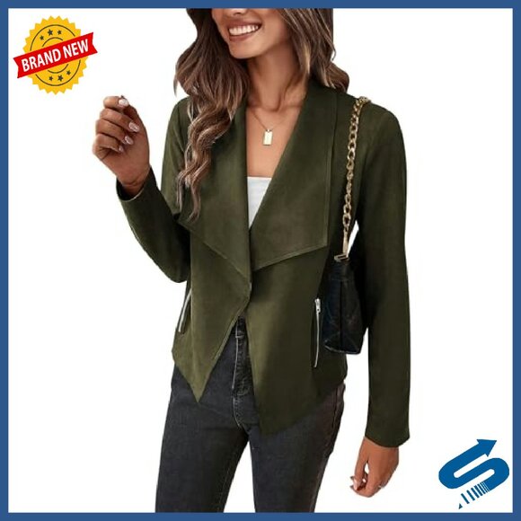 Faux Suede Cropped Jacket Open Front Waterfall Collar Women's Casual Coat - Picture 2 of 8